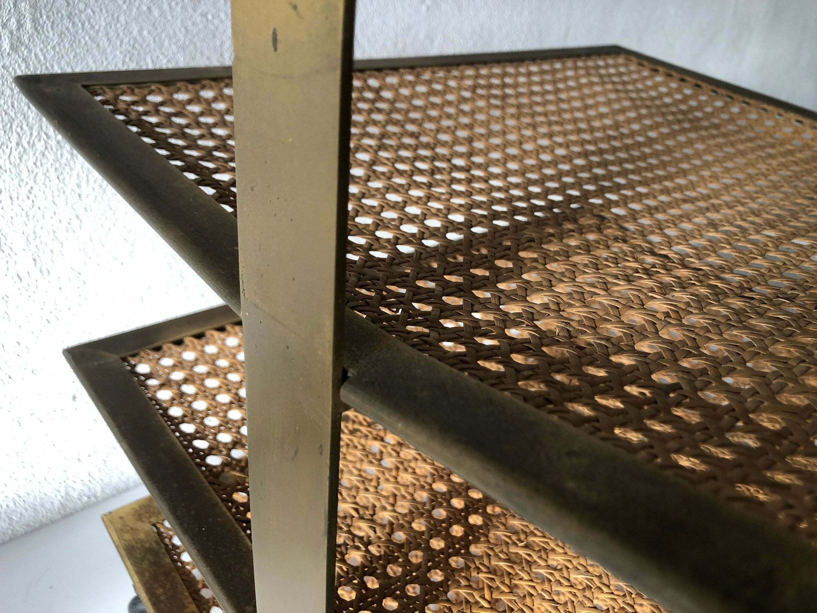 photo for sale Mid Century Modern Wicker   Brass Wonderful Luxury Italian Magazine Rack With 3 Shelf, 1960s, Italy