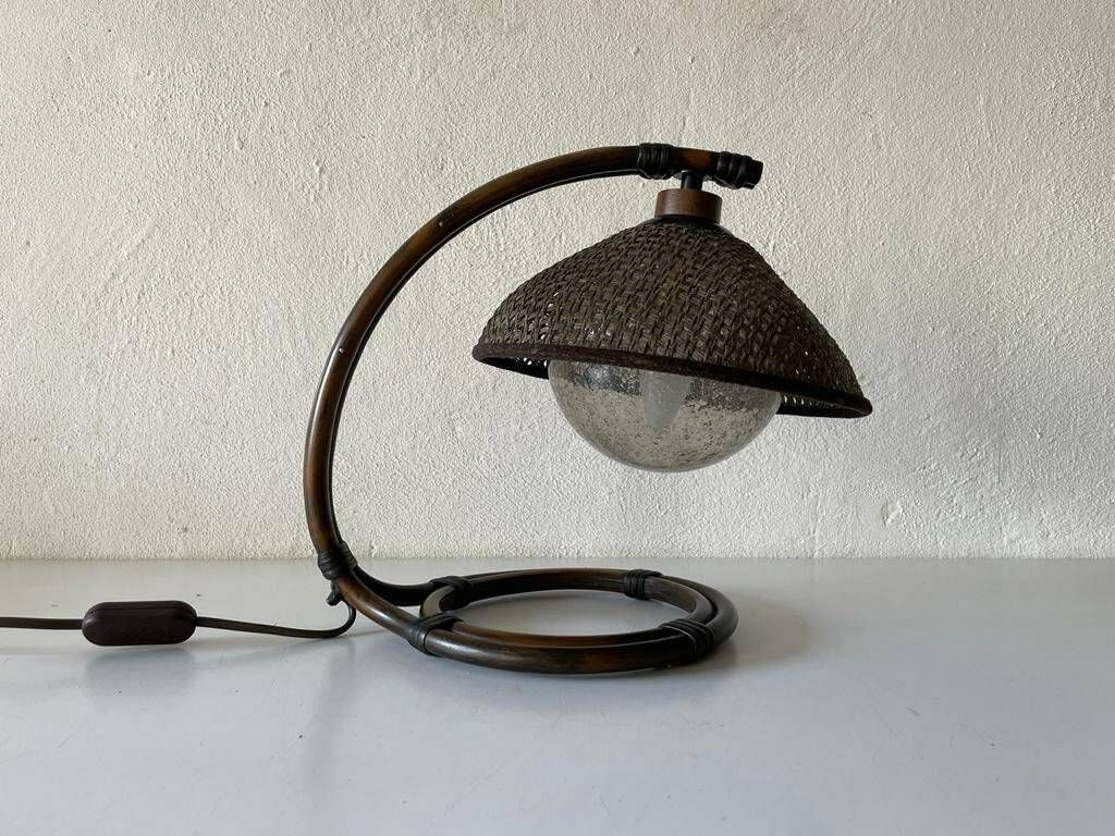 Rare Bamboo & Wicker Bedside Lamp With Air Bubble Glass By Temde, 1960s, Switzerland photo furniture