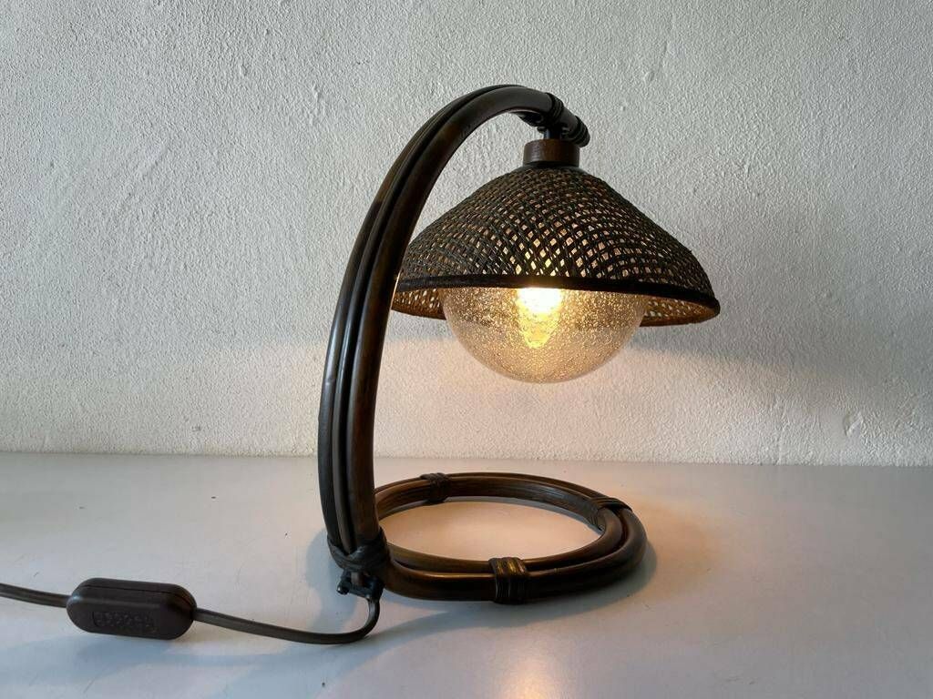 Rare Bamboo & Wicker Bedside Lamp With Air Bubble Glass By Temde, 1960s, Switzerland photo Lighting