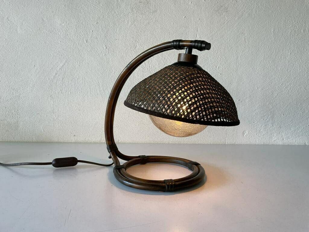 Rare Bamboo & Wicker Bedside Lamp With Air Bubble Glass By Temde, 1960s, Switzerland photo vintage