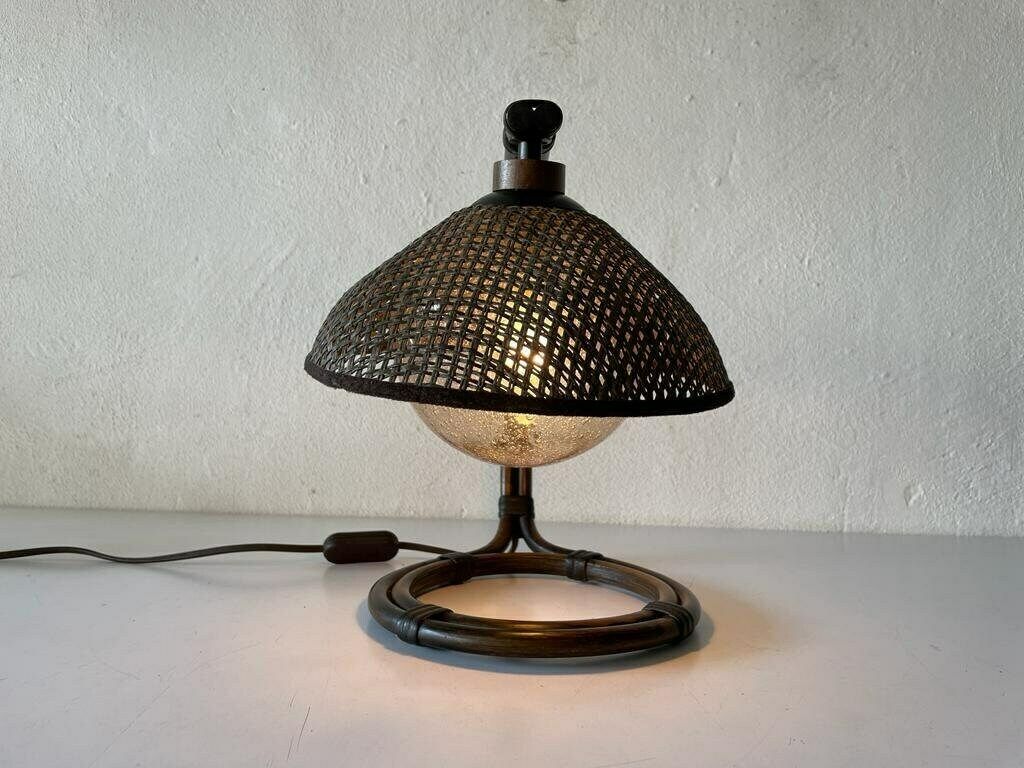 photo vintage Rare Bamboo & Wicker Bedside Lamp With Air Bubble Glass By Temde, 1960s, Switzerland