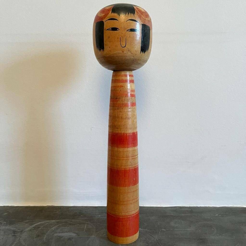 Vintage Red Stripy, Signed Japanese Kokeshi Doll