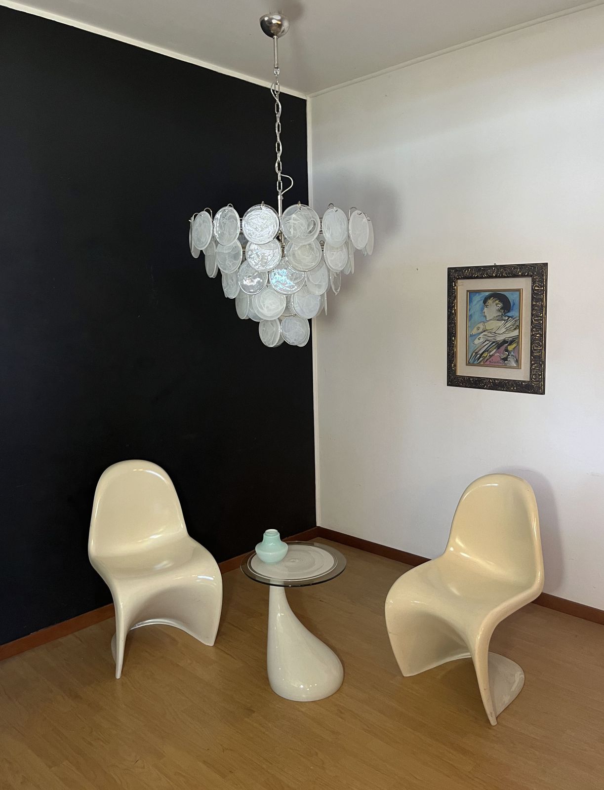 High Quality Murano Chandelier Space Age   57 White Albaster Iridescent Glasses photo vinterior