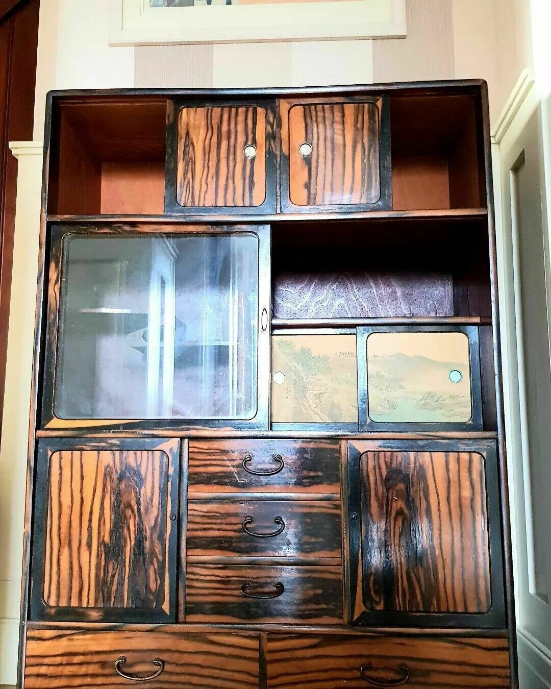 Oriental Antique Faux Painted Tigerwood Cabinet
