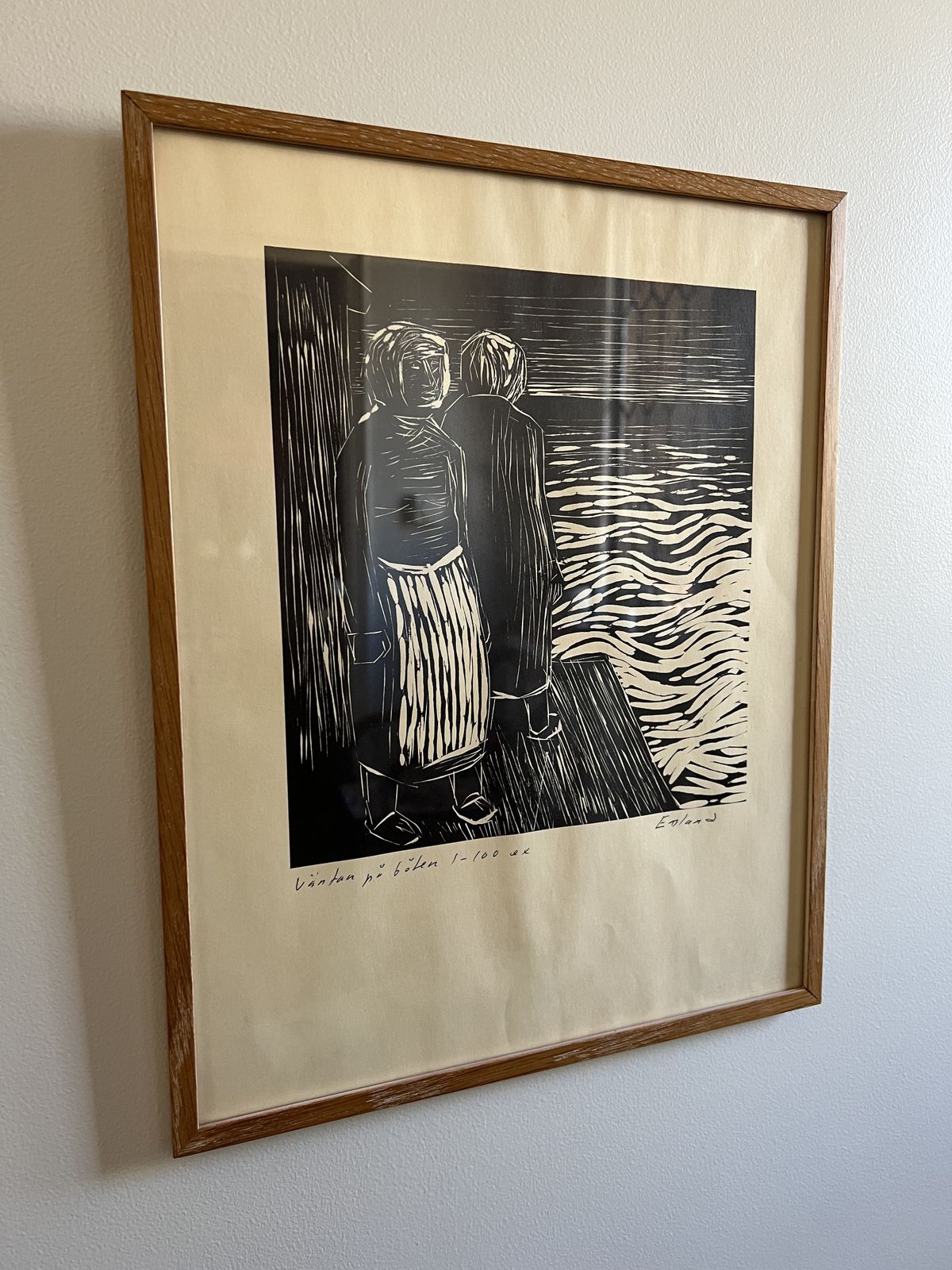"Waiting For The Fishing Boats" Original Mid Century Swedish Lino Print By Einar Emland photo furniture