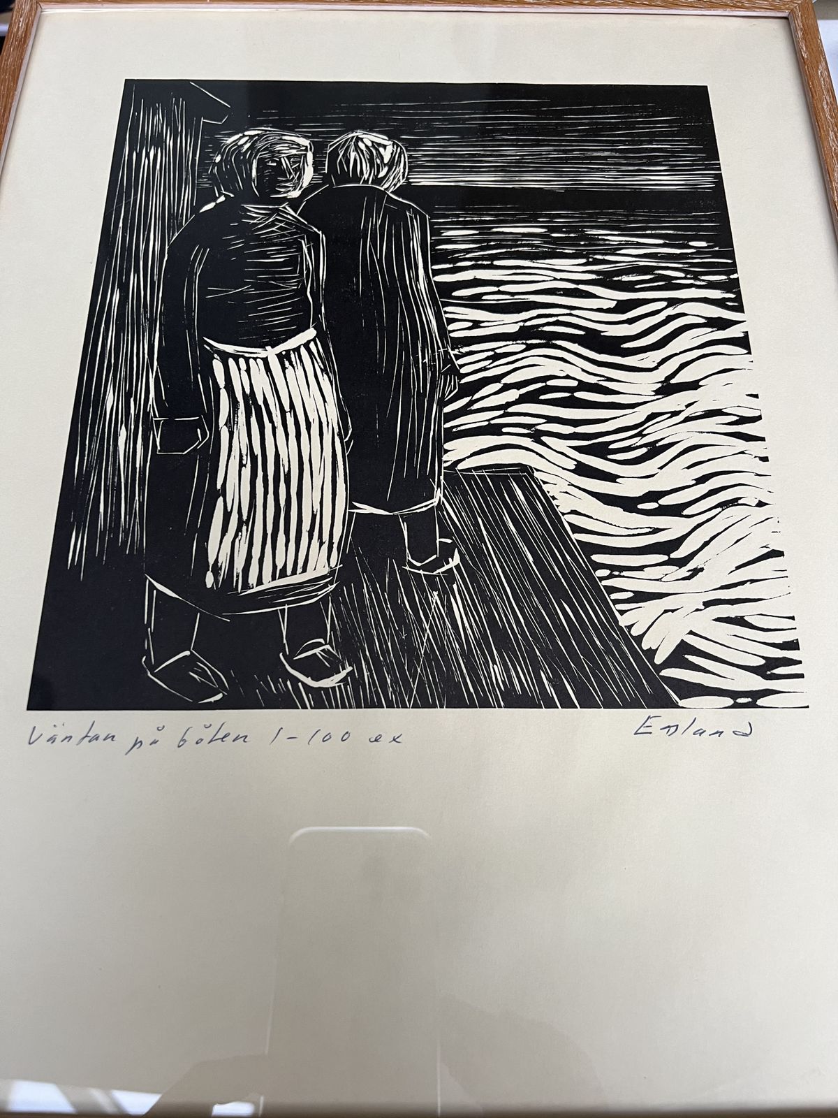 "Waiting For The Fishing Boats" Original Mid Century Swedish Lino Print By Einar Emland photo vinterior