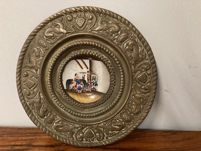 Antique 19th Century Miniature Porcelain Plate With Embossed Brass Frame.