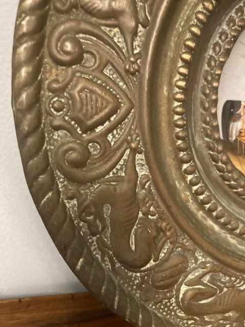 Antique 19th Century Miniature Porcelain Plate With Embossed Brass Frame. photo Art
