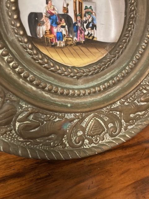 Antique 19th Century Miniature Porcelain Plate With Embossed Brass Frame. photo 274.56