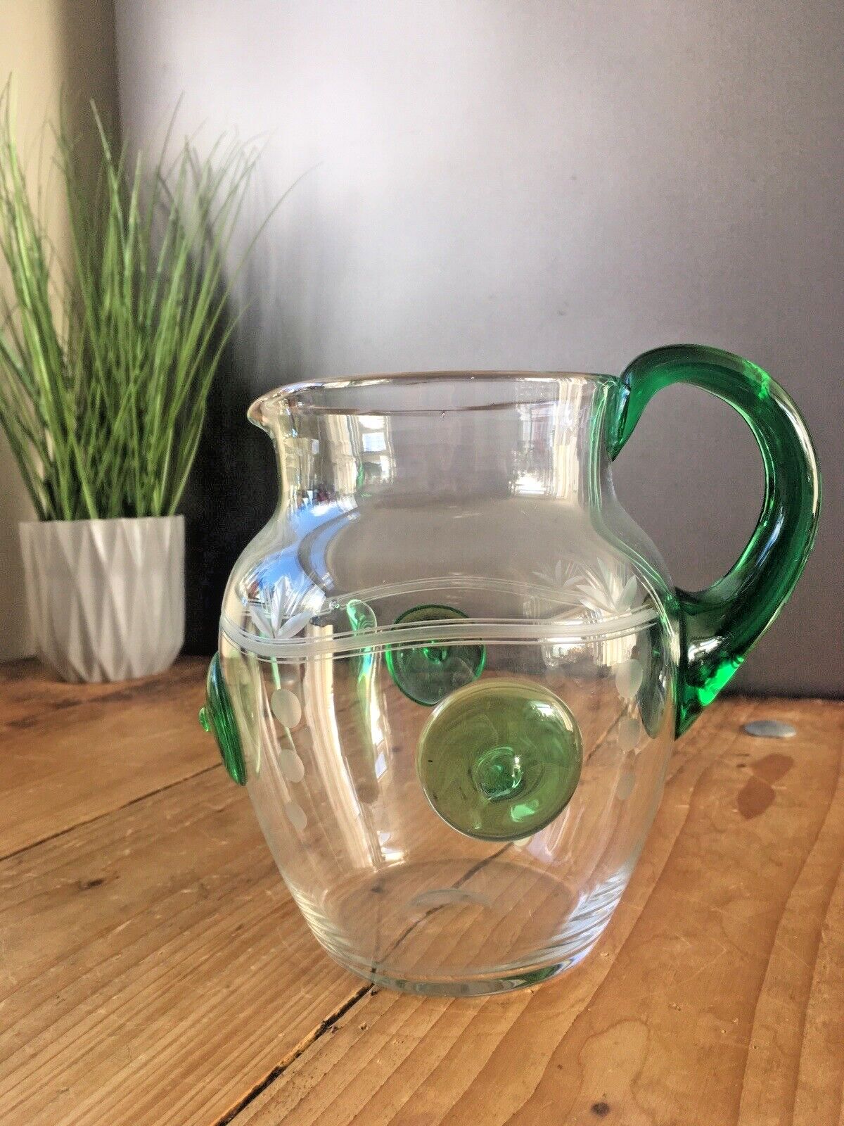 Unusual Art Deco Etched Clear Green Glass Nipple Roundel Water Pitcher Jug Czech photo Home Decor