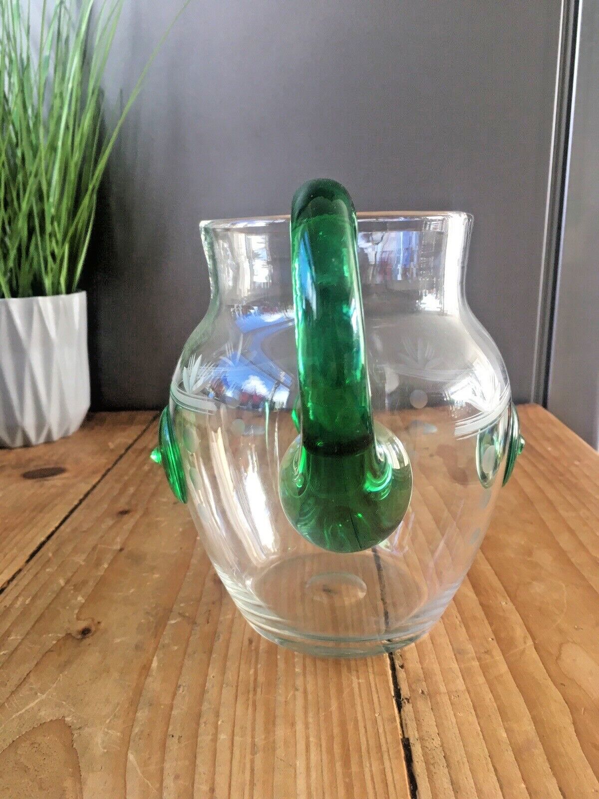 Unusual Art Deco Etched Clear Green Glass Nipple Roundel Water Pitcher Jug Czech photo buy