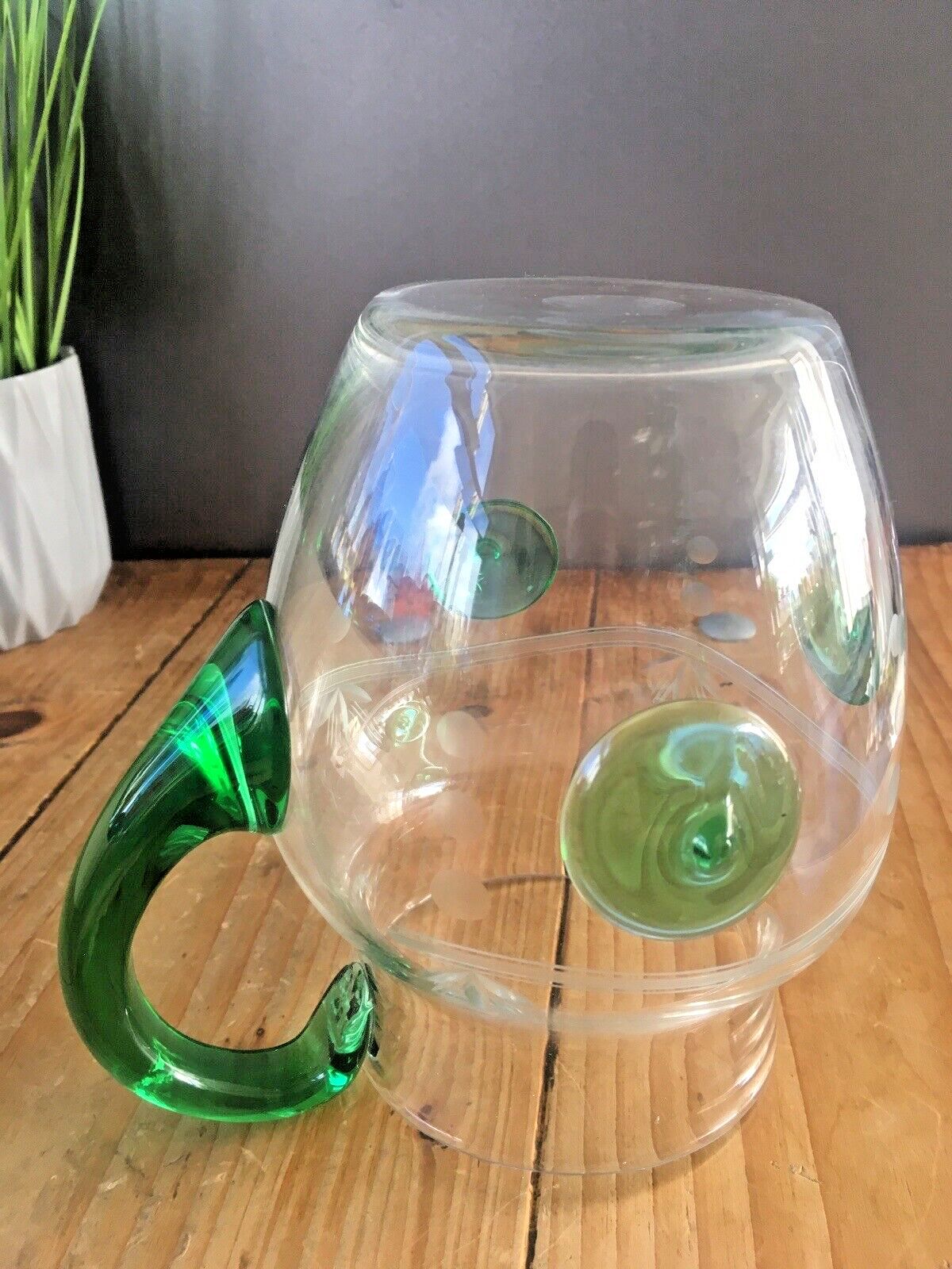 photo for sale Unusual Art Deco Etched Clear Green Glass Nipple Roundel Water Pitcher Jug Czech