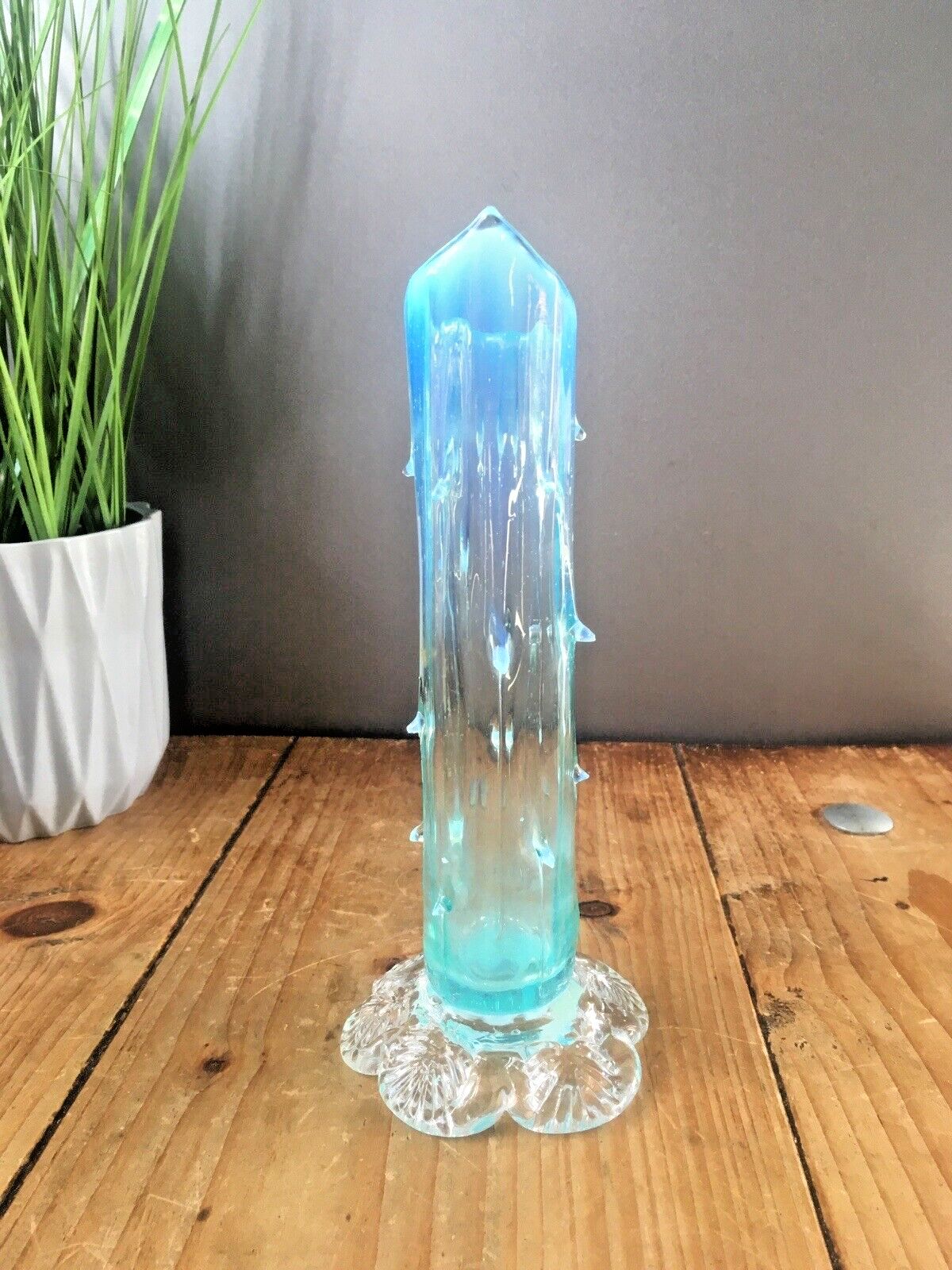 Antique 19th C Victorian Blue Vaseline Glass Opalescent Spiked Footed Bud Vase photo Home Decor