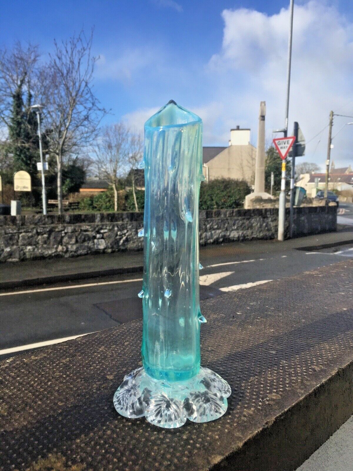 photo furniture Antique 19th C Victorian Blue Vaseline Glass Opalescent Spiked Footed Bud Vase
