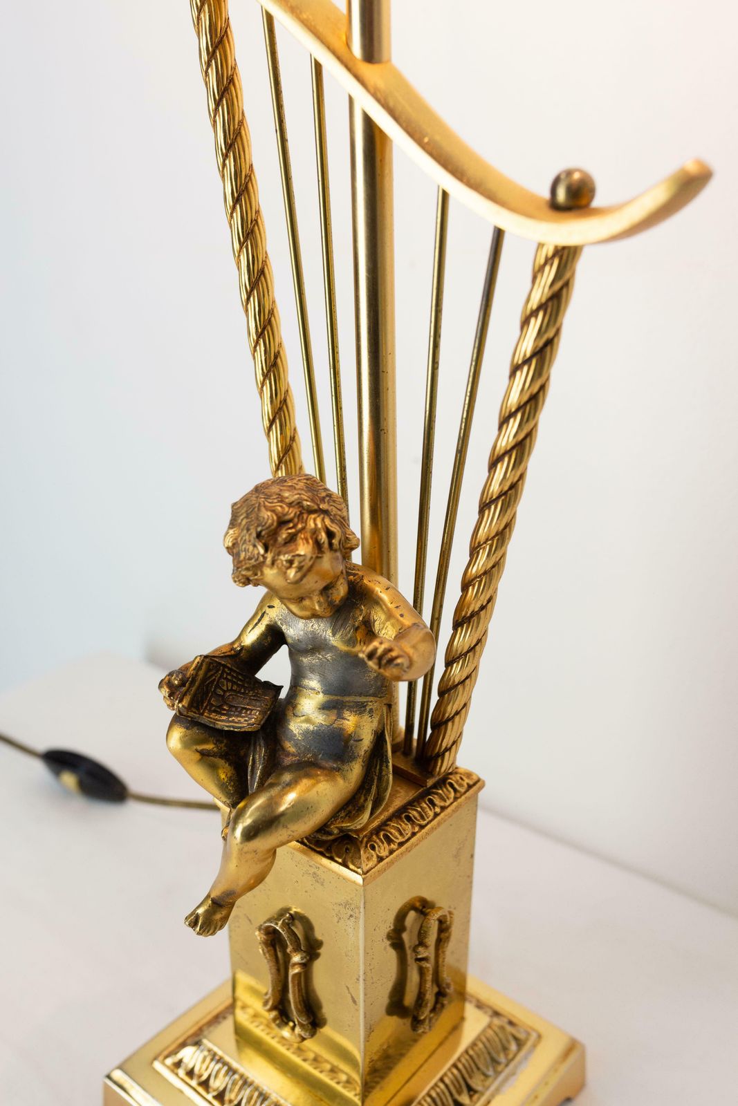 French Brass Table Lamp With Putti Reading In Front Of A Harp, Mid Century photo 760.0