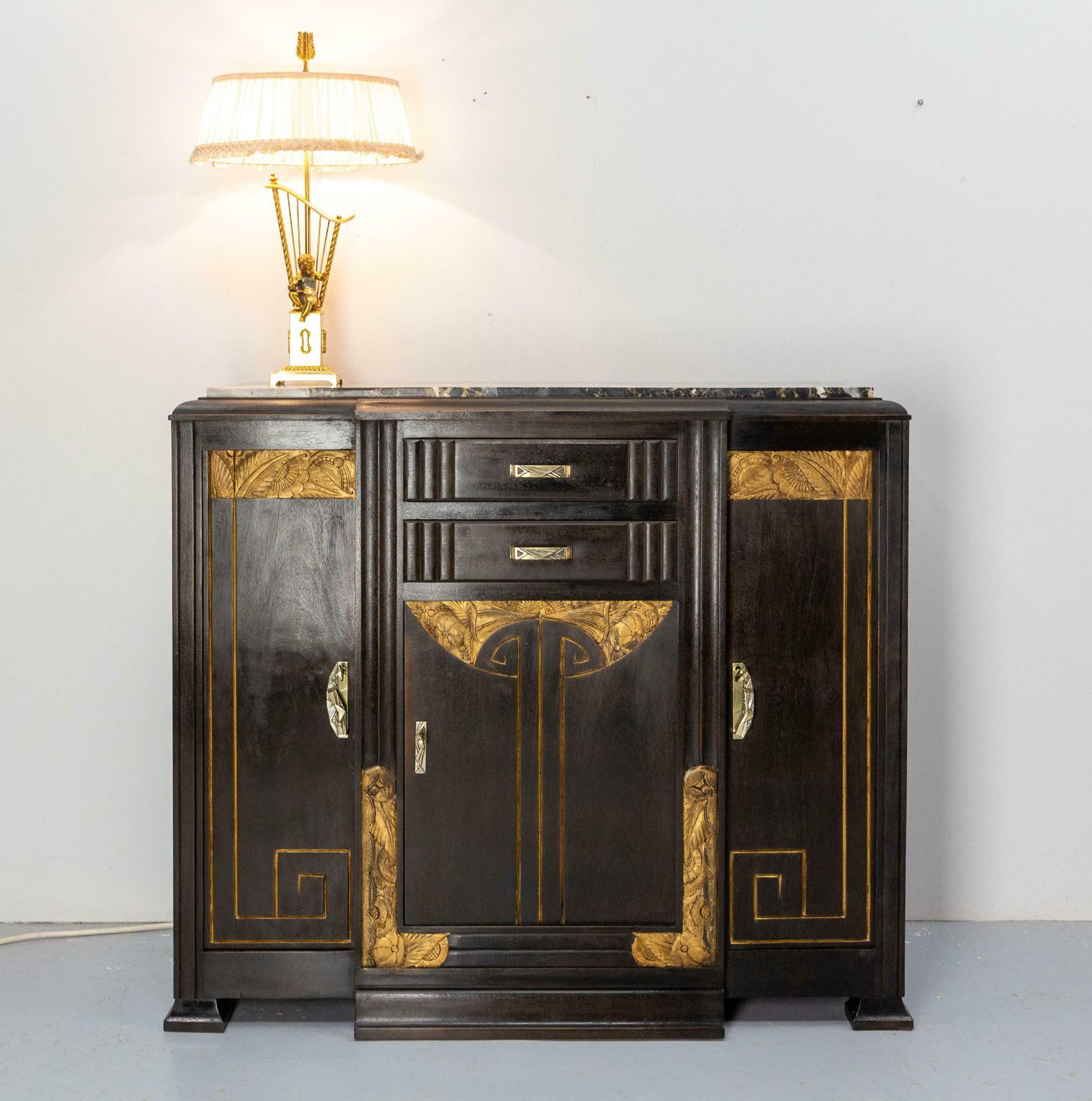 photo buy French Brass Table Lamp With Putti Reading In Front Of A Harp, Mid Century