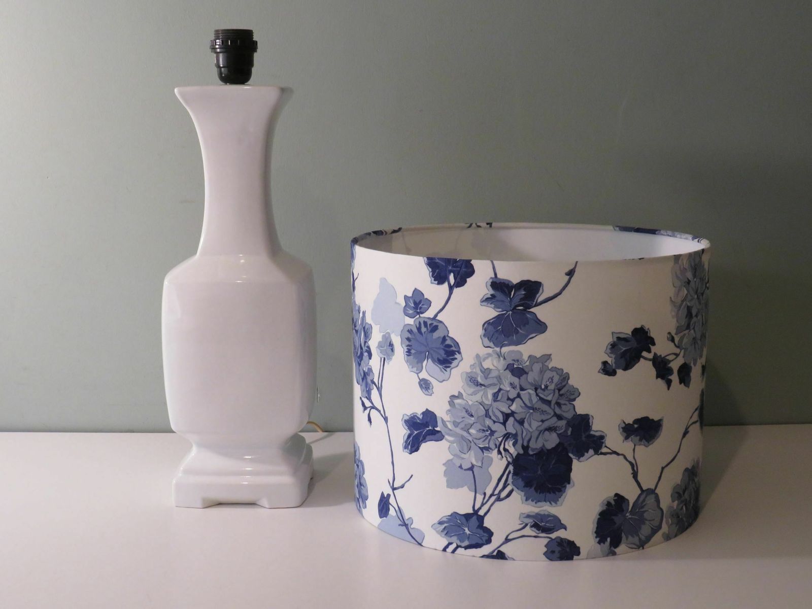 Mid Century White Ceramic, Pagoda Shaped Table Lamp With New, Handmade Lampshade In Ralph Lauren Fabric. photo Lighting
