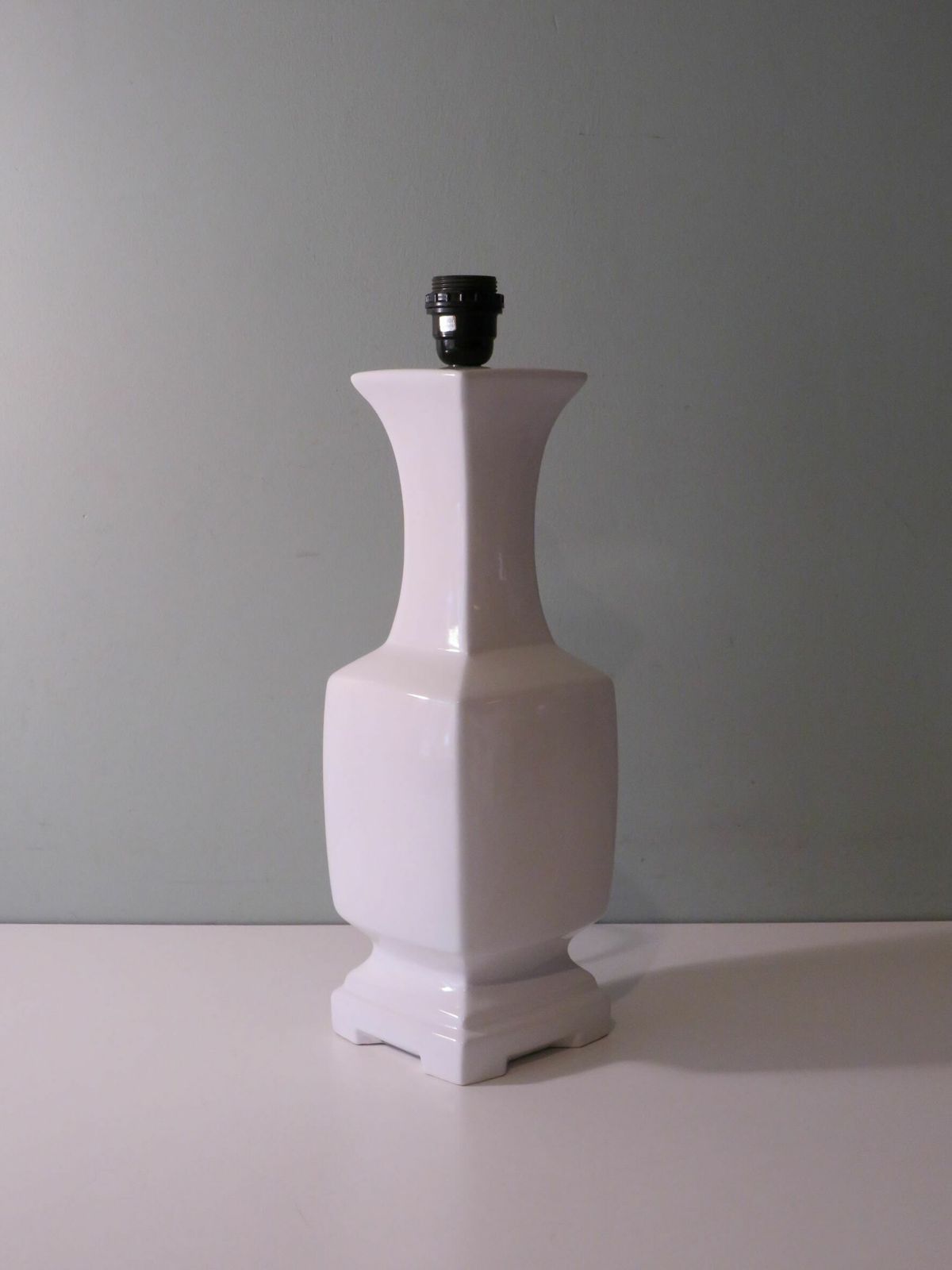 Mid Century White Ceramic, Pagoda Shaped Table Lamp With New, Handmade Lampshade In Ralph Lauren Fabric. photo buy
