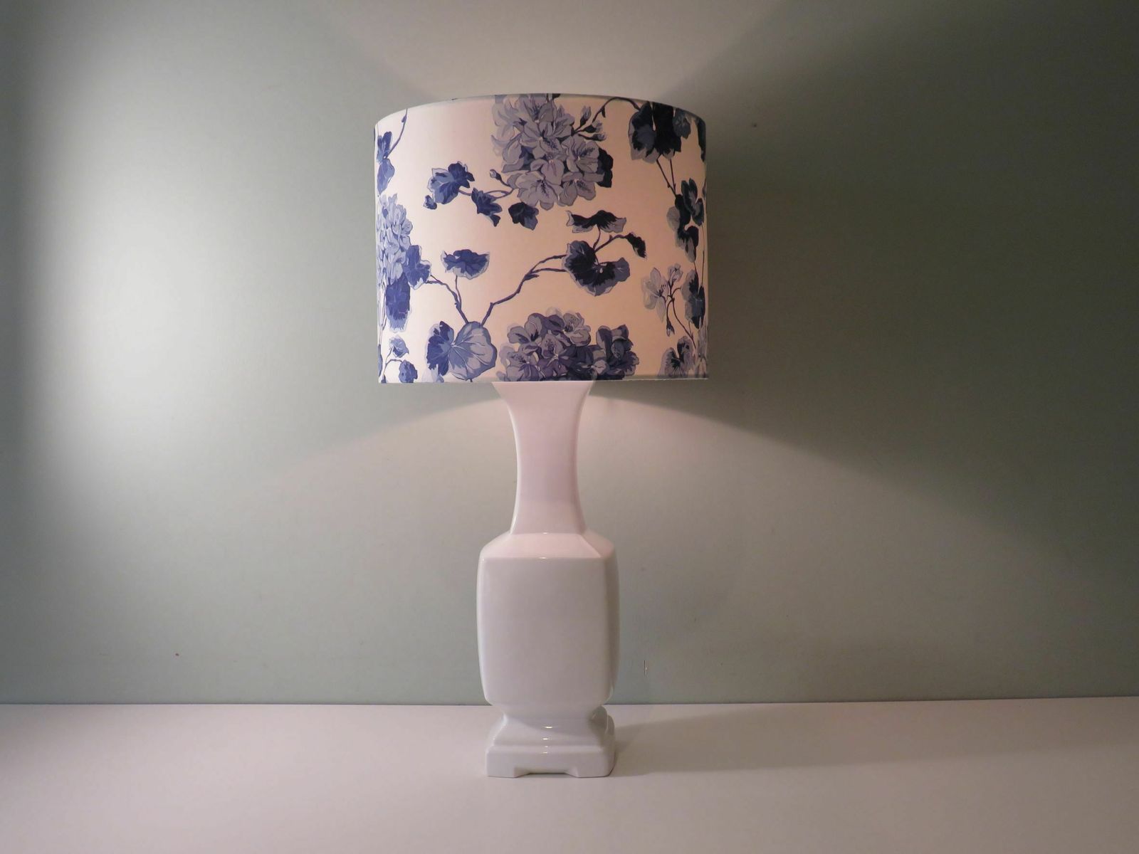 Mid Century White Ceramic, Pagoda Shaped Table Lamp With New, Handmade Lampshade In Ralph Lauren Fabric.