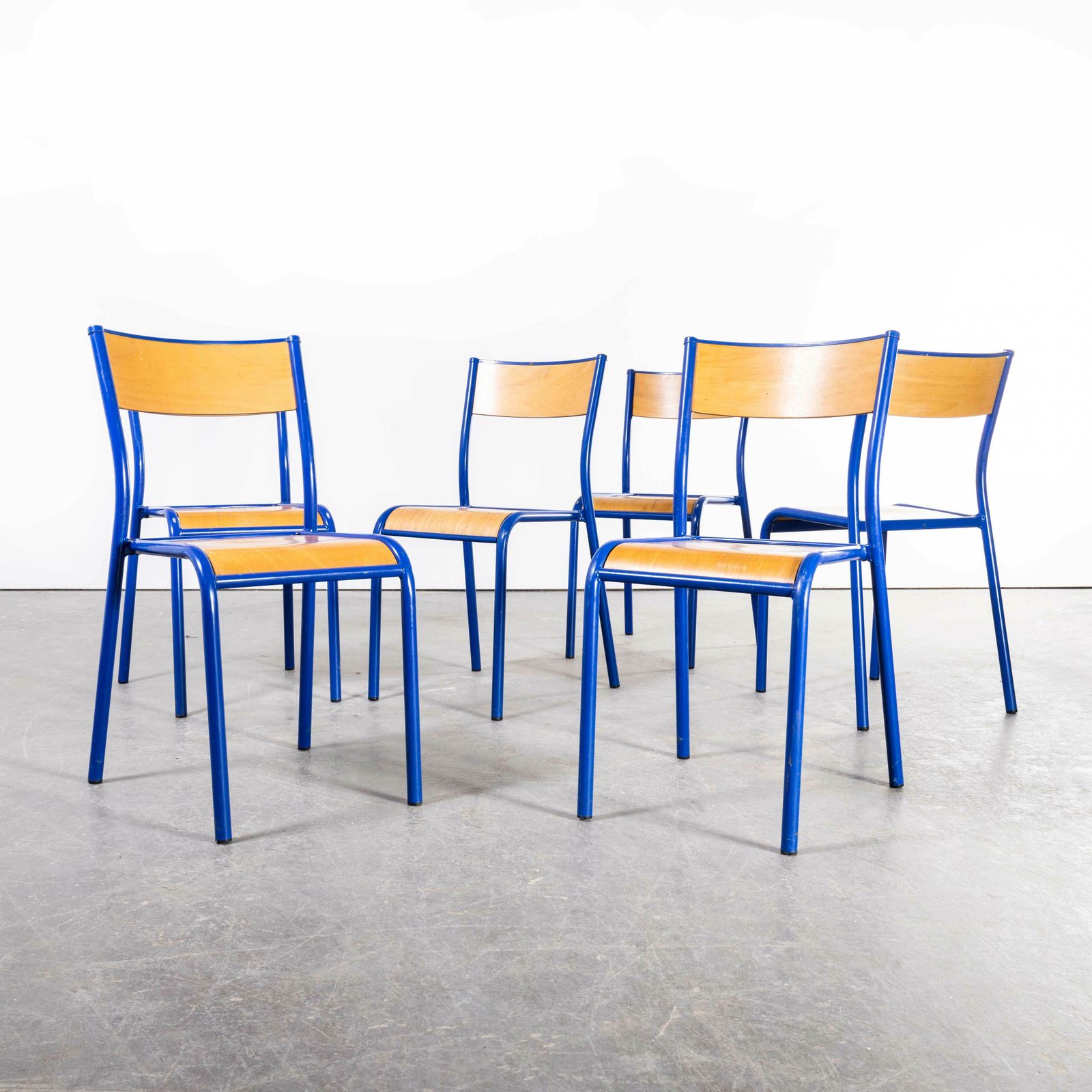 1970’s Bright Blue Mullca Stacking Dining Chair – Beech Seat – Set Of Six