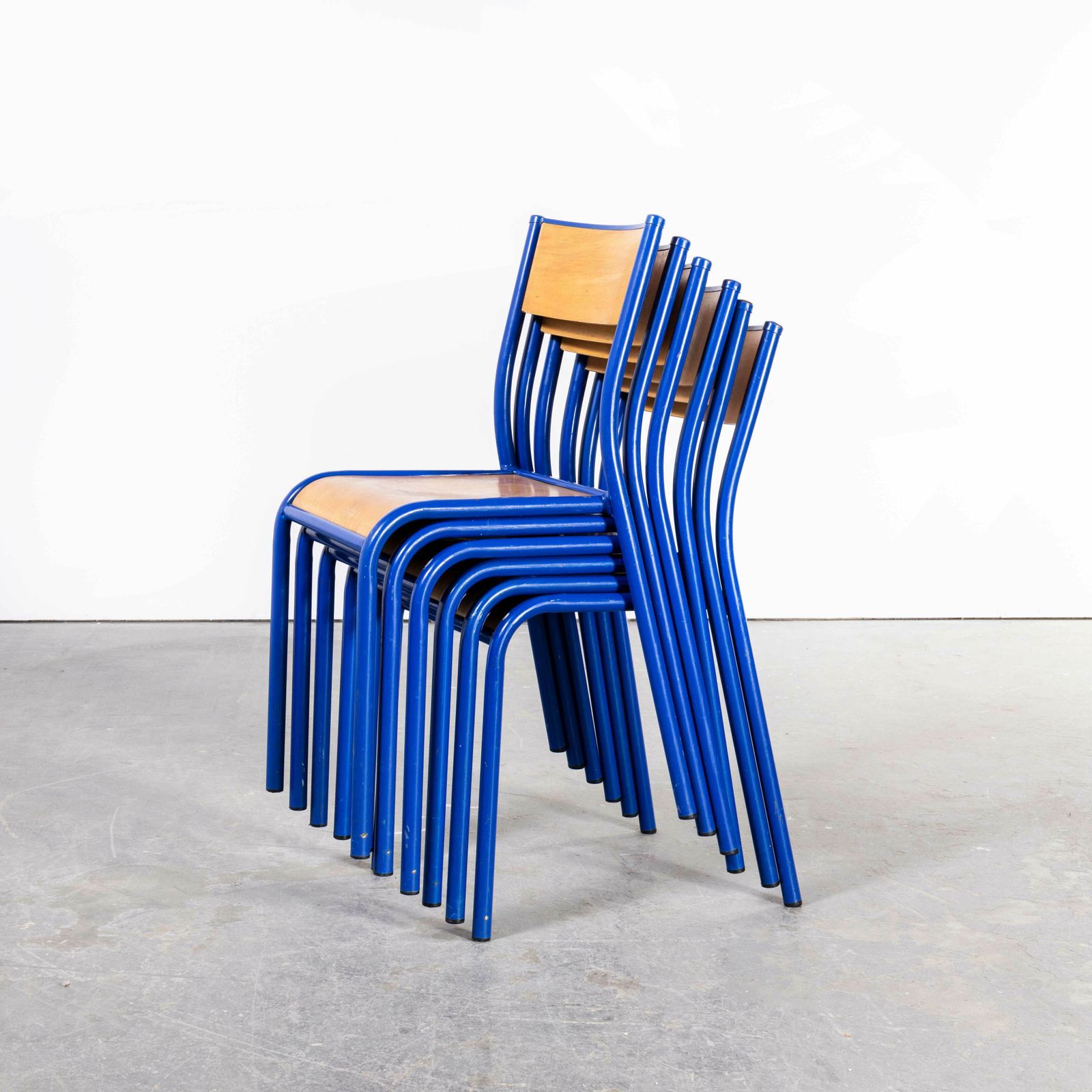 1970’s Bright Blue Mullca Stacking Dining Chair – Beech Seat – Set Of Six photo Furniture