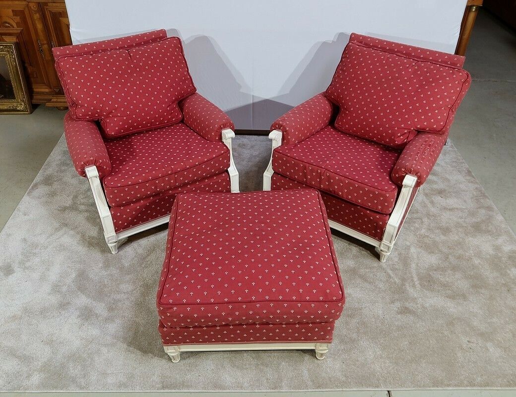 Pair Of Large Bergeres And Ottoman, Louis XVI Style, 20th