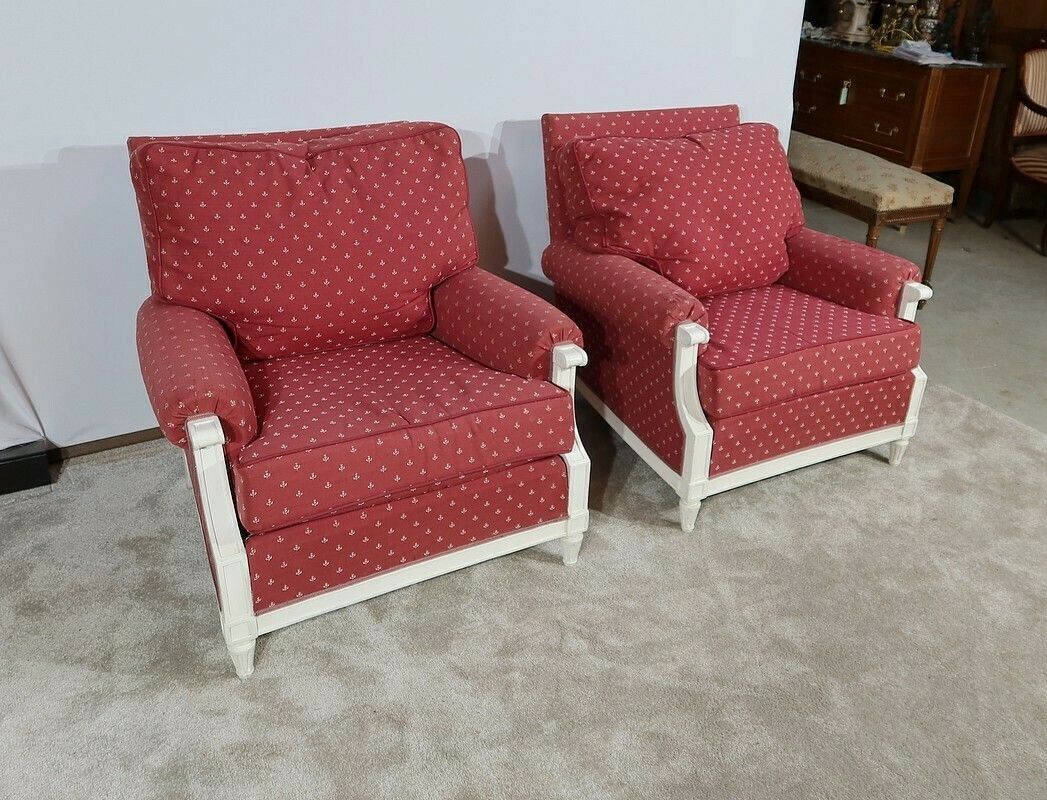 Pair Of Large Bergeres And Ottoman, Louis XVI Style, 20th photo for sale