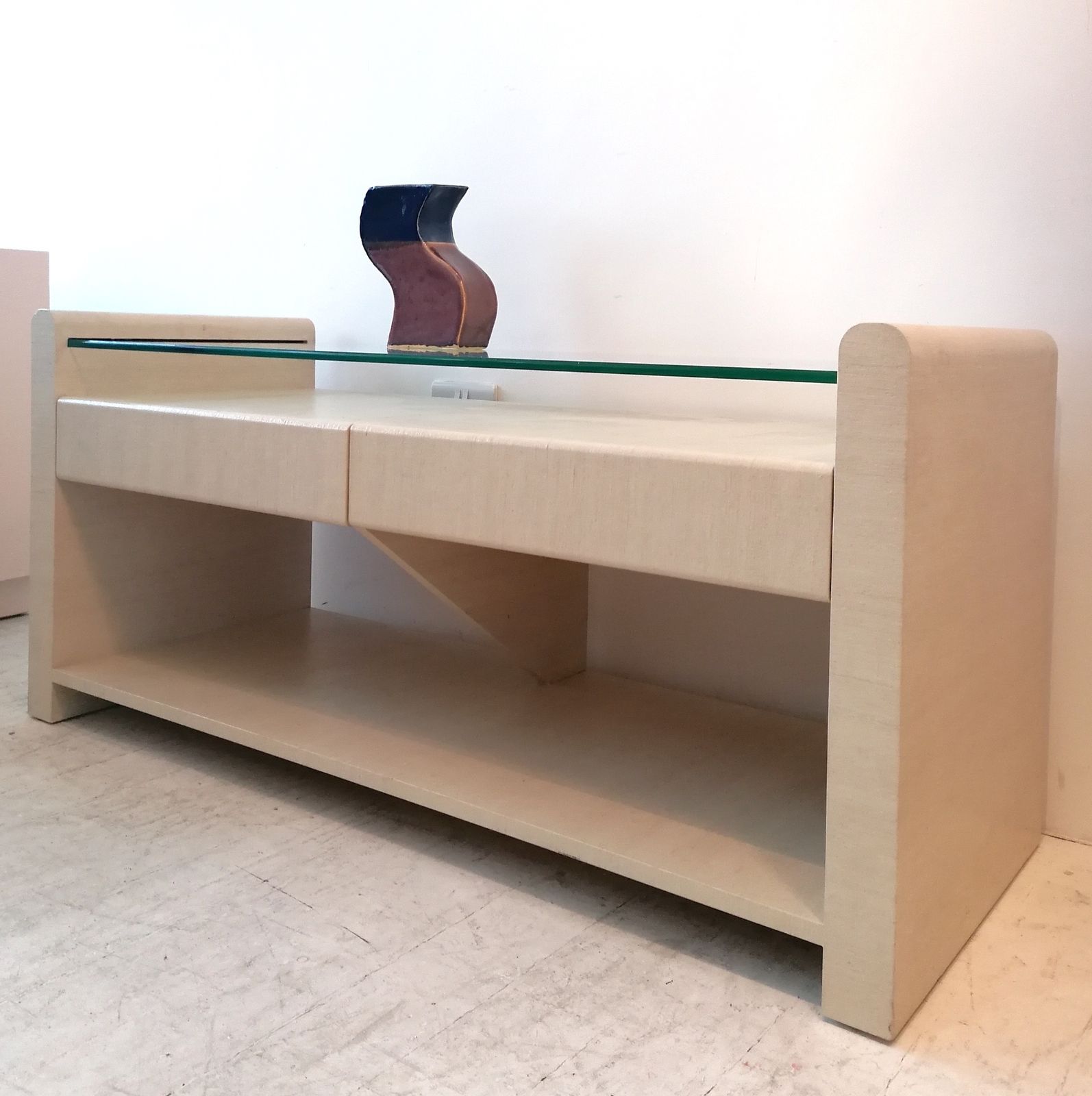 Furniture Vintage Karl Springer Style Lacquered Grasscloth Console / Tv Or Media Stand, USA 1980s photo