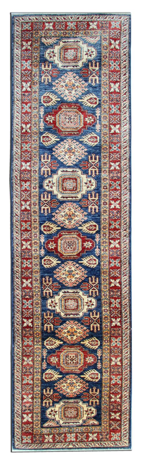 Handmade Runner Rug Traditional Kazak Carpet Rug Blue Geometric Runner photo furniture