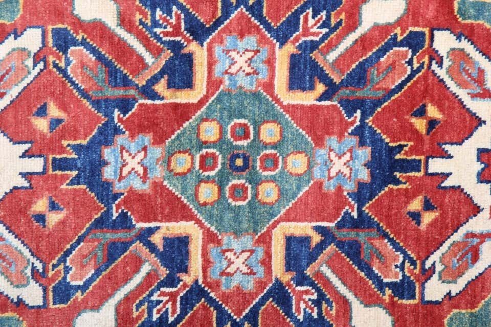 Handmade Runner Rug Traditional Kazak Carpet Rug Red Geometric Runne photo Textiles