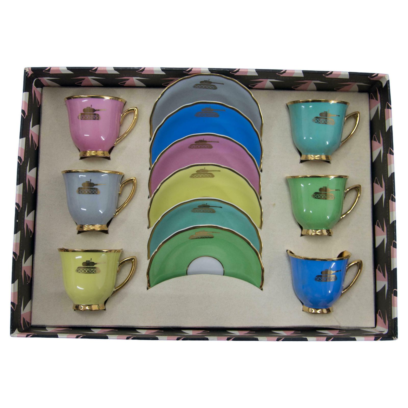 Set Of Six Cups And Saucers With Tanks, Karlsbad, 1970s, Never Used
