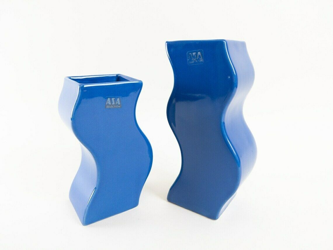 Pair Of Asa Selection Blue Wavy Ceramic Vases   Postmodern Design   Made In Germany