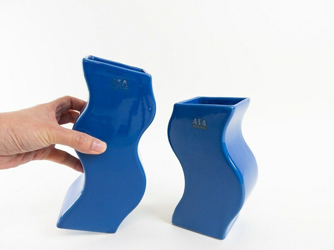 Pair Of Asa Selection Blue Wavy Ceramic Vases   Postmodern Design   Made In Germany photo furniture