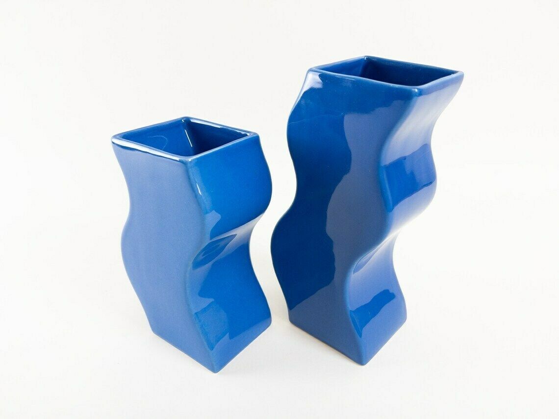 Pair Of Asa Selection Blue Wavy Ceramic Vases   Postmodern Design   Made In Germany photo buy