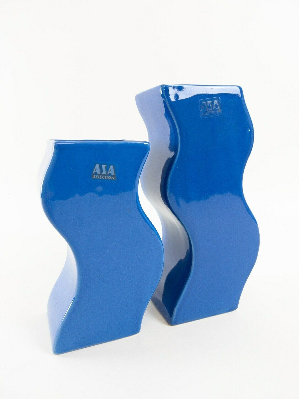 Pair Of Asa Selection Blue Wavy Ceramic Vases   Postmodern Design   Made In Germany photo vintage