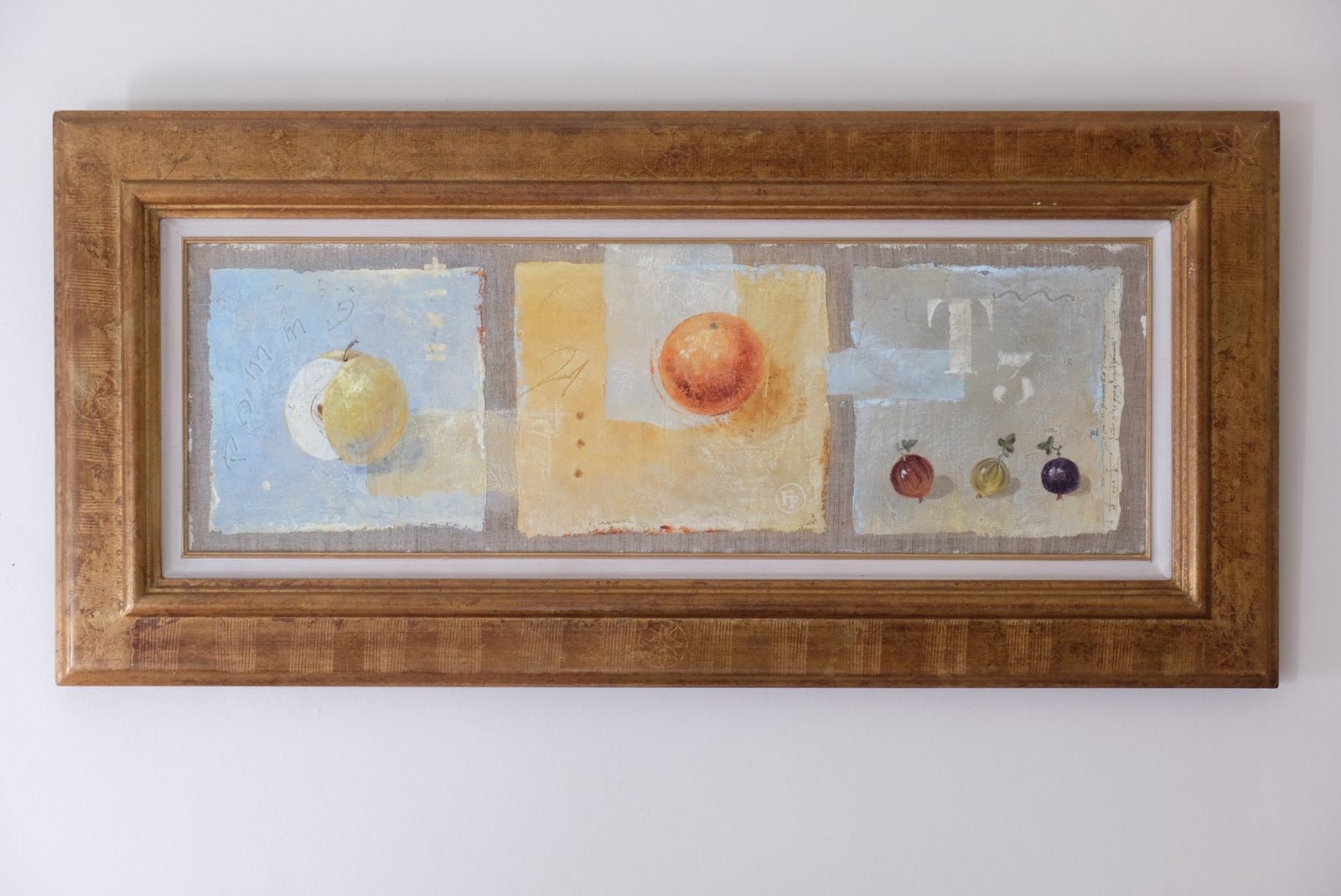 Triptych Oil On Canvas Painting Of Fruit By F Ferron photo vintage