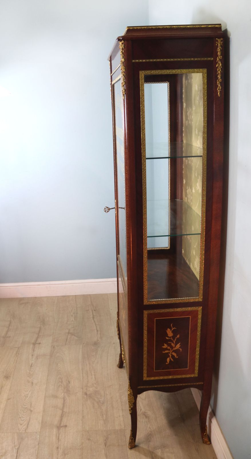 photo for sale A Lovely 20th Century Mahogany Veneered, Floral Inlaid And Metal Mounted Vitrine Or Display Cabinet.