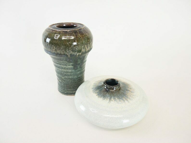 Olive Green And White Glazed Studio Pottery Pair Of Unique Vases From Switzerland