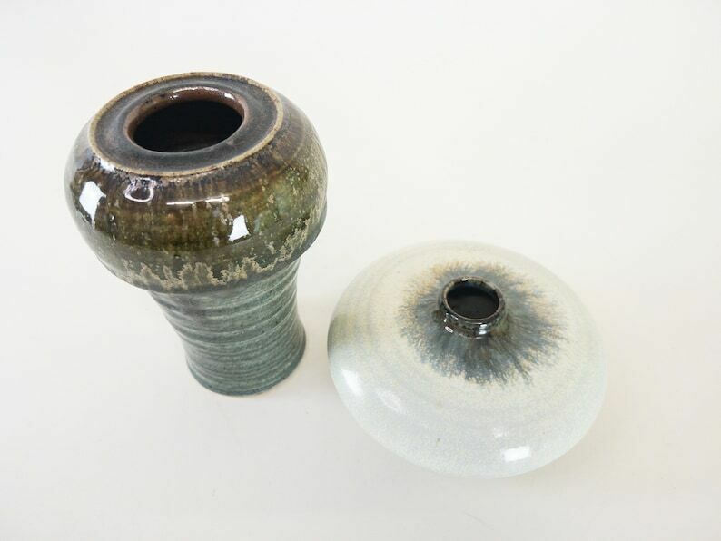 Olive Green And White Glazed Studio Pottery Pair Of Unique Vases From Switzerland photo for sale