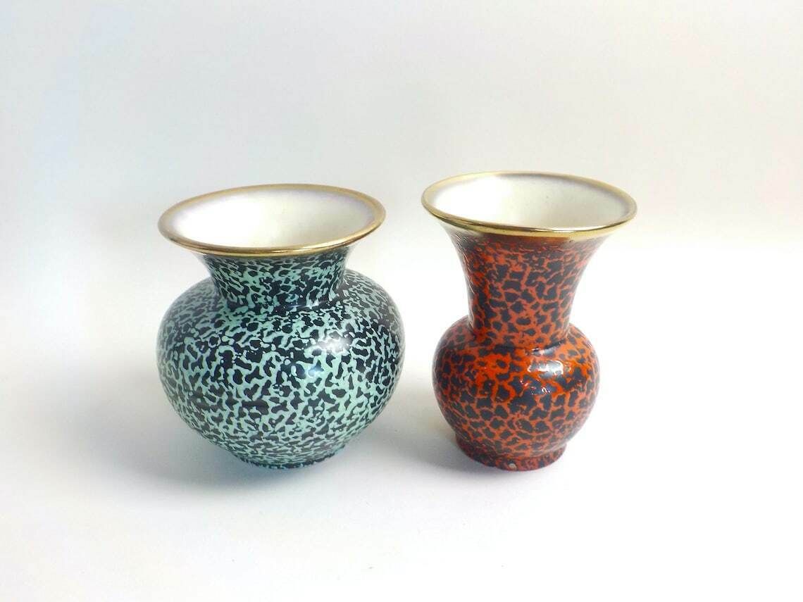 Trumpet Vases, Pair Of Mid Century Trumpet Vases, West German Art Pottery, Red And Green photo furniture