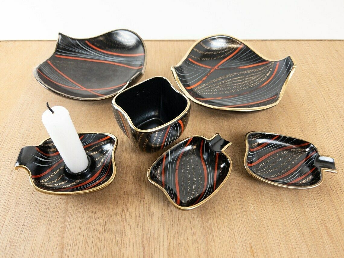 Atomic Age Smoking Set   West German Pottery   1950s, Mid Century Ashtray, Candleholder, Cigarette Holder   Smoking Accessory