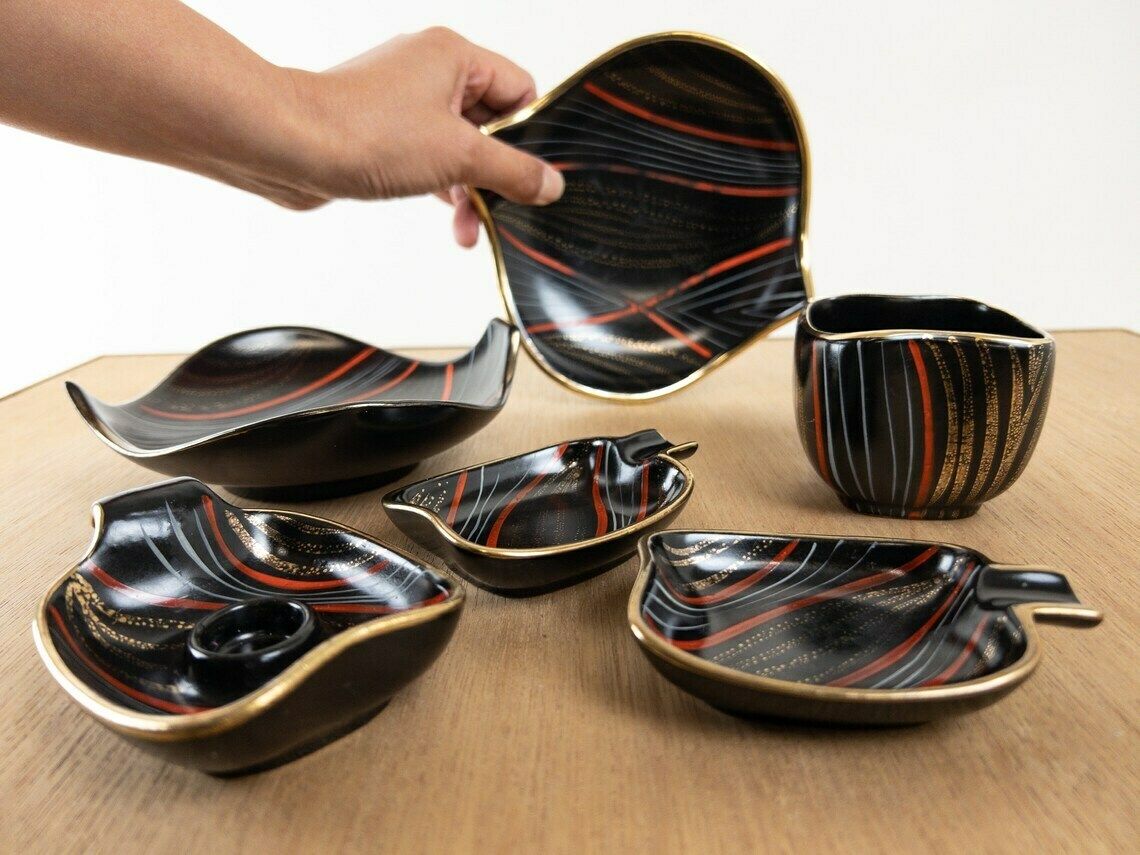 Atomic Age Smoking Set   West German Pottery   1950s, Mid Century Ashtray, Candleholder, Cigarette Holder   Smoking Accessory photo for sale