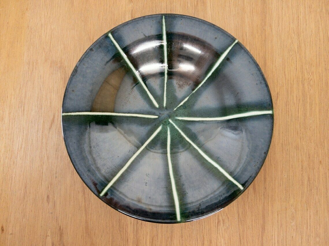 ü Keramik West German Pottery Art Flat Bowl, Iridescent Dark Green And Black, 101 27 photo Home Decor