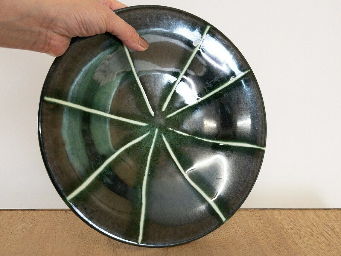 ü Keramik West German Pottery Art Flat Bowl, Iridescent Dark Green And Black, 101 27 photo vintage