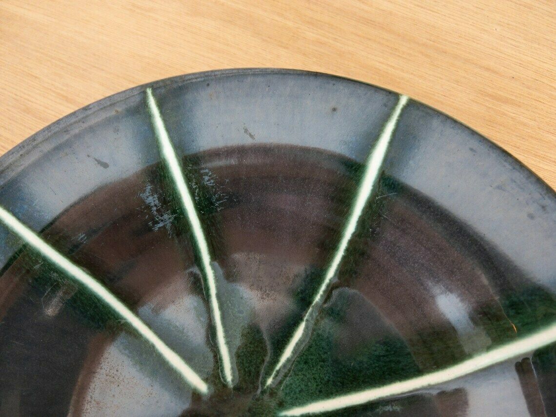 photo for sale ü Keramik West German Pottery Art Flat Bowl, Iridescent Dark Green And Black, 101 27
