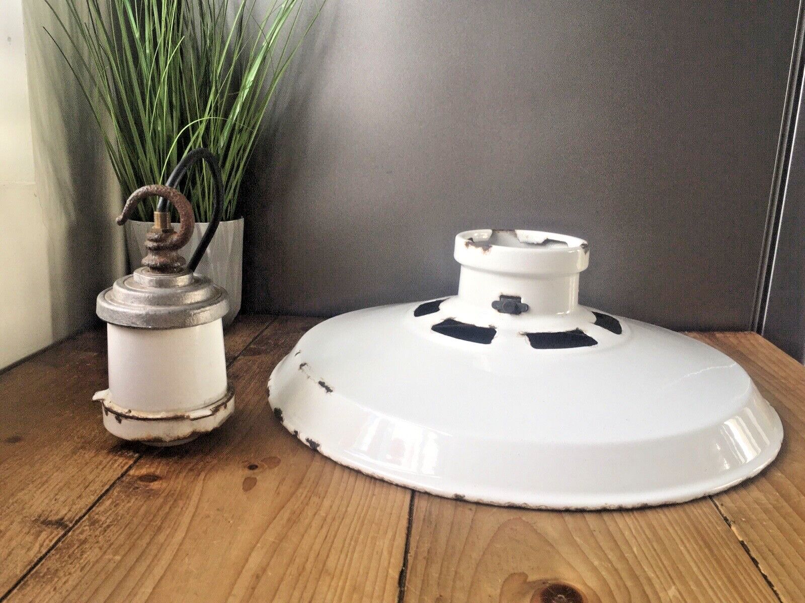 Large 2 Piece Industrial Factory White Enamel Ceiling Pendant Light Shade & Hook photo furniture