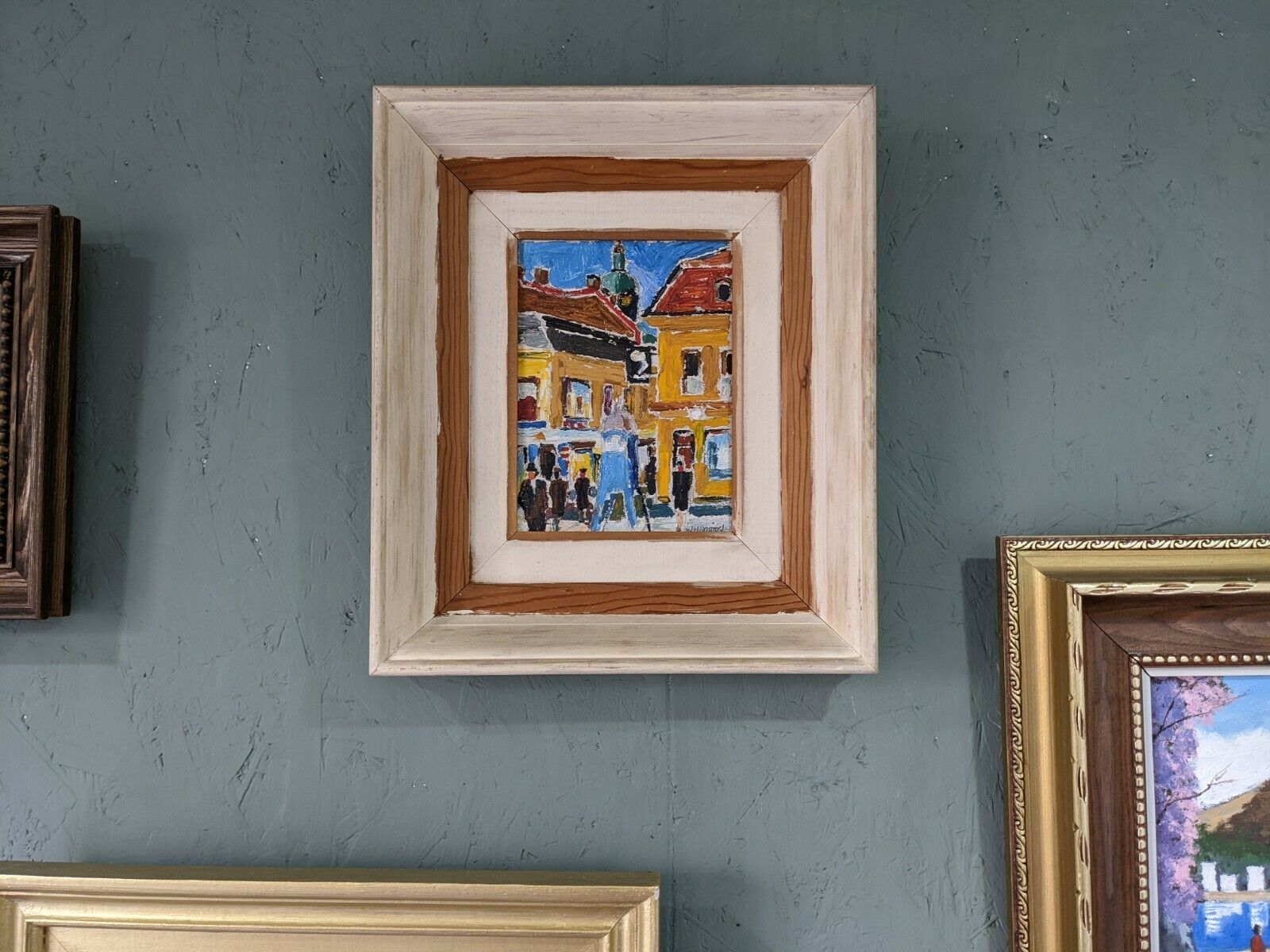 Mid Century Modern Swedish Framed Street Scene Oil Painting, Pedestrians photo furniture