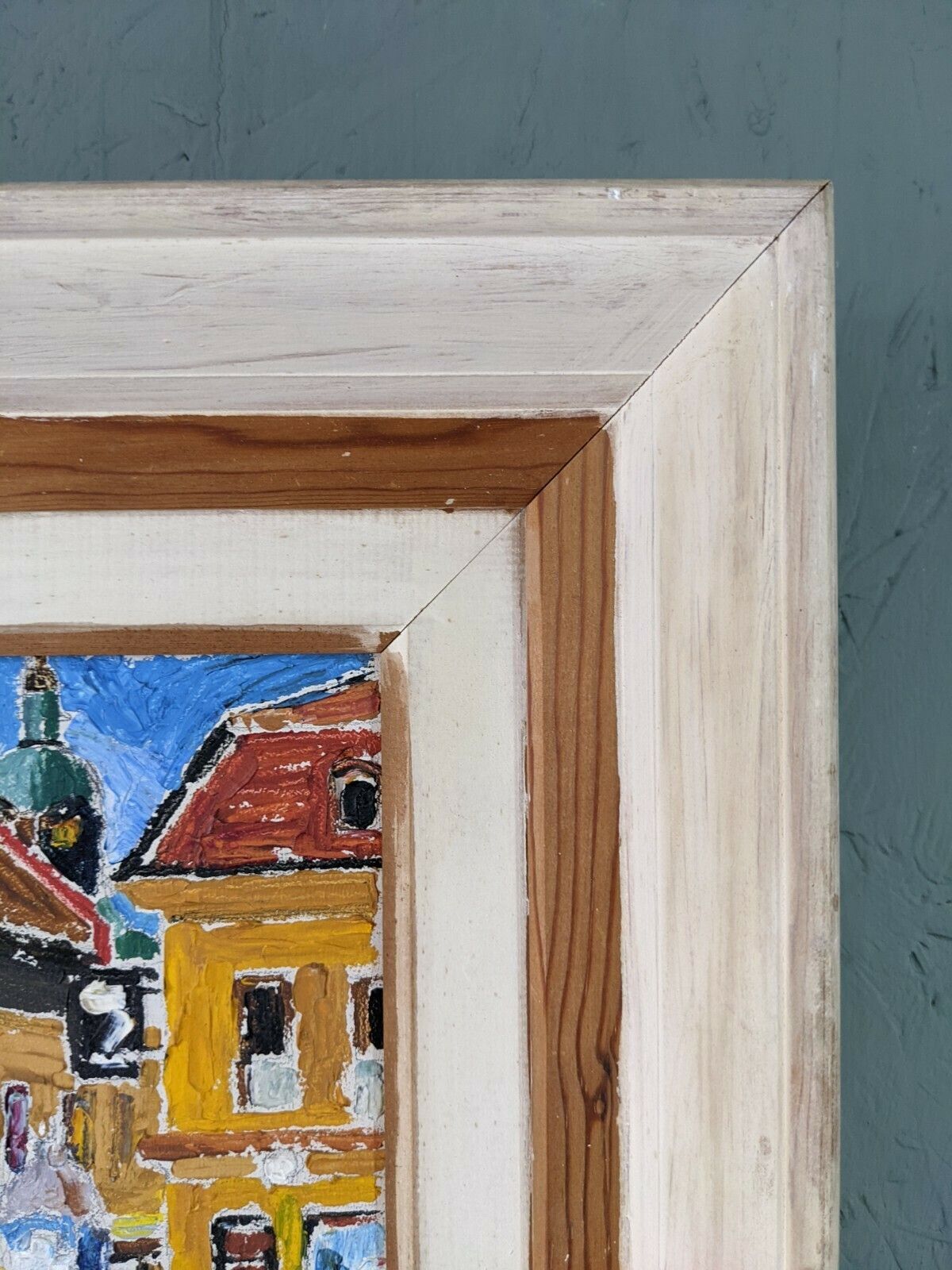 Mid Century Modern Swedish Framed Street Scene Oil Painting, Pedestrians photo vinterior