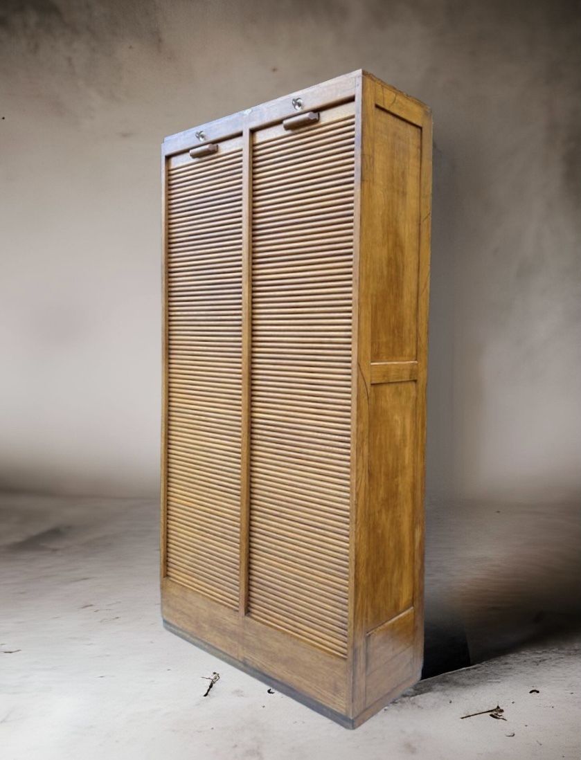 Vintage Mid Century Oak & Plywood Tambour Roll Front Double Filing Cabinet photo furniture