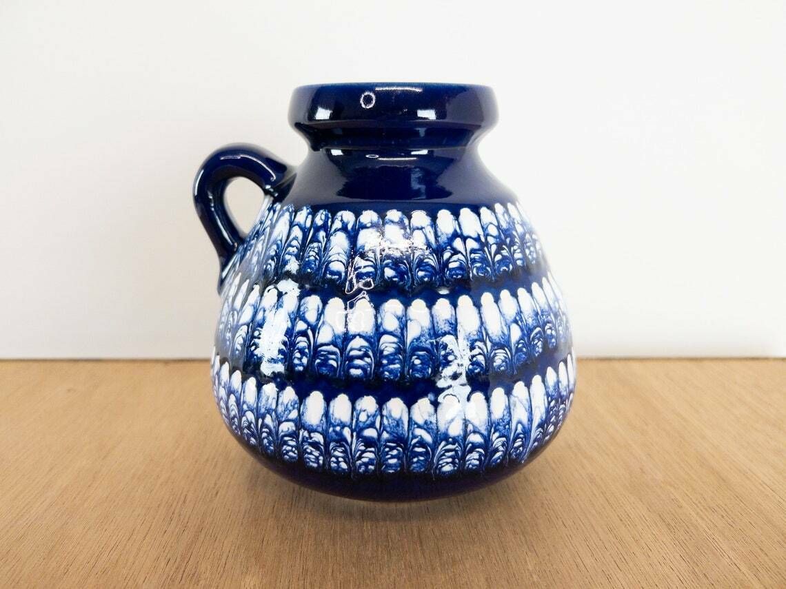 Schlossberg Vase With Ear Handle, Dark Blue And White Marble Decor